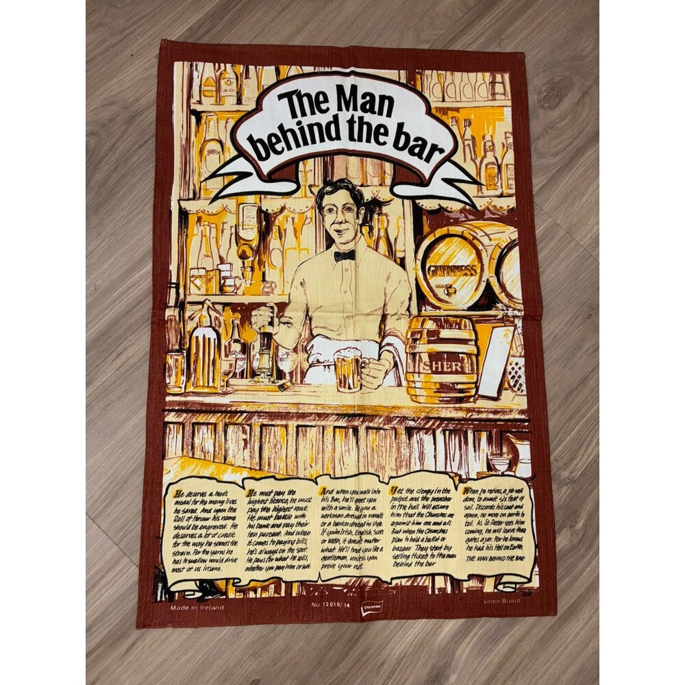 Vintage Pure Irish Linen Towel Wall Hanging “The Man Behind The Bar” Pub 19x28